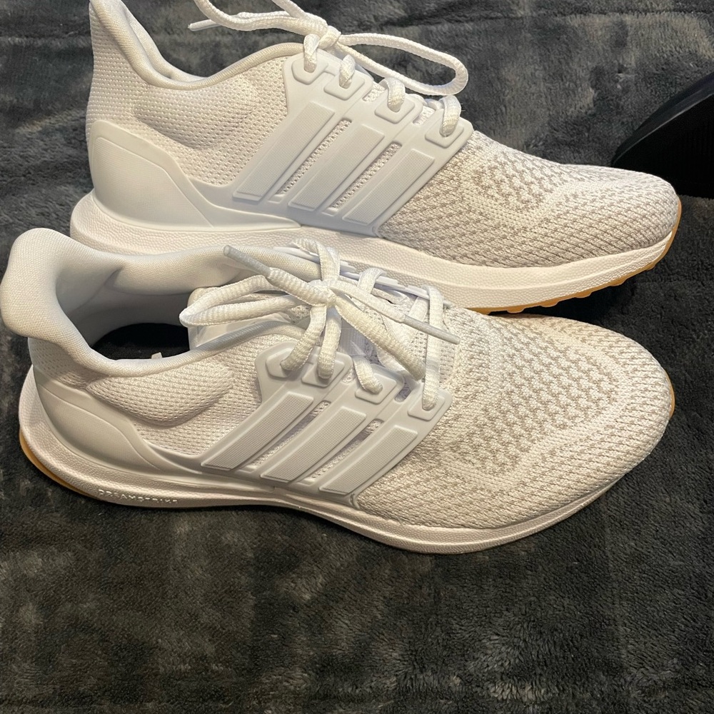 adidas White Knit Lace-Up Running Sneakers with Gum Outsole Accent